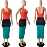Contrast Color V Neck Sleeveless Backless Long Dress YNSF-16803