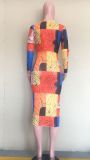 Sexy Mesh Printed Long Sleeve Midi Dress ORY-5197