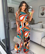 Casual Printed Short Sleeve Wide Leg Pants 2 Piece Sets XSF-6060