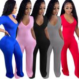 Solid V Neck Short Sleeve Wide Leg Jumpsuit MEM-88372