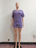 Casual Striped T Shirt Pocket Shorts 2 Piece Sets NYF-8077