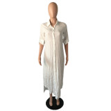 Plus Size Solid Long Sleeve Split Long Shirt Dress QYF-5065