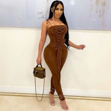 Sexy Solid Lace-Up Sleeveless Slim Jumpsuit JPF-1050