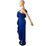 Elegant Solid One Shoulder Ruffled Split Long Evening Dress QYF-5071