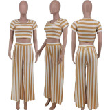 Plus Size Round Neck Striped Short Sleeve Pants Two Piece Sets MXDF-6030