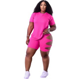 Plus Size Solid T Shirt Hole Shorts Two Piece Suits YS-8818