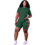 Plus Size Solid T Shirt Hole Shorts Two Piece Suits YS-8818