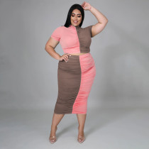 Plus Size Patchwork Short Sleeve Ruched 2 Piece Sets CTHF-9082