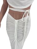 Sexy Solid Drawstring Halter Long Skirt 2 Piece Sets ZNF-9093