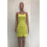 Yellow Ruched Ruffled Spaghetti Strap Mini Dress BN-B826