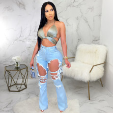 Plus Size Fashion Trend Ripped High-waist Flared Jeans HSF-2525