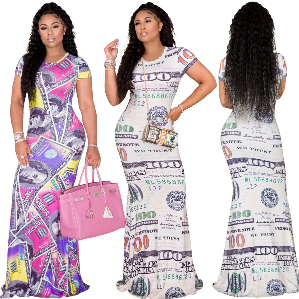 Dear-Fashion | Dollar Print Short Sleeve Maxi Dress MIL-255 with ...