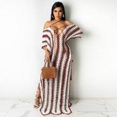 Sexy Knitted Off Shoulder Hollow Out Split Maxi Dress MA-Y429