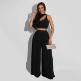 Solid Sleeveless Crop Top Wide Leg Pants 2 Piece Sets SFY-2123