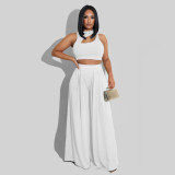 Solid Sleeveless Crop Top Wide Leg Pants 2 Piece Sets SFY-2123