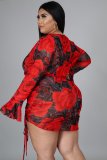 Plus Size Floral Print Long Sleeve Drawstring Mini Skirt 2 Piece Sets NNWF-7228