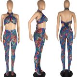 Sexy Printed Wrap Chest Two Piece Pants Set LM-8267
