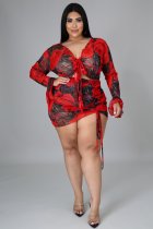 Plus Size Floral Print Long Sleeve Drawstring Mini Skirt 2 Piece Sets NNWF-7228