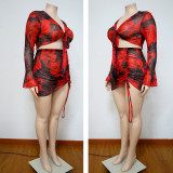 Plus Size Floral Print Long Sleeve Drawstring Mini Skirt 2 Piece Sets NNWF-7228