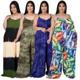 Plus Size Printed Strap Wide Leg Jumpsuit Without Belt NNWF-7229