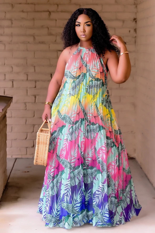 Plus Size Printed Halter Big Swing Maxi Dress NNWF-7240