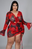 Plus Size Floral Print Long Sleeve Drawstring Mini Skirt 2 Piece Sets NNWF-7228