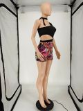 Sexy One Shoulder Top+Printed Shorts 2 Piece Sets NLAF-6083