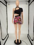 Sexy One Shoulder Top+Printed Shorts 2 Piece Sets NLAF-6083