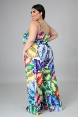 Plus Size Printed Strap Wide Leg Jumpsuit Without Belt NNWF-7229