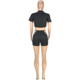 Sexy Solid Short Sleeve Hollow Shorts 2 Piece Sets MEI-9193