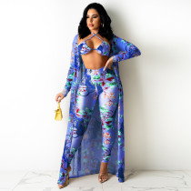 Floral Print Bra Top+Long Cloak+Pants 3 Piece Sets TE-4290