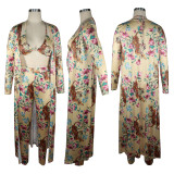 Floral Print Bra Top+Long Cloak+Pants 3 Piece Sets TE-4290
