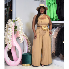 Plus Size Solid Sleeveless Wide Leg Pants 2 Piece Sets YS-8821