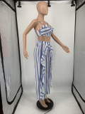 Plus Size Striped Sling Crop Top+Ruffled Pants 2 Piece Sets YIM-201