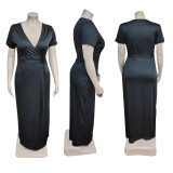 Plus Size Solid V Neck Short Sleeve Maxi Dress BDF-8090