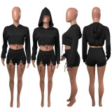 Solid Hooded Long Sleeve Drawstring 2 Piece Shorts Set NIK-255