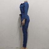 Casual Denim Long Sleeve Sashes Jeans Jumpsuit HSF-2922
