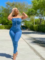 Plus Size Denim Off Shoulder Strapless Jeans Jumpsuit LX-6061