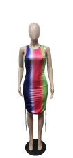 Rainbow Print Sleeveless Drawstring Slim Dress WTF-9157