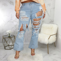 Plus Size Denim Ripped Tassel Flared Jeans Pants HSF-2535
