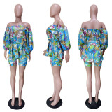 Floral Print Slash Neck Sashes 2 Piece Shorts Set LSL-8033