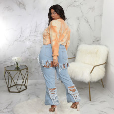 Plus Size Denim Ripped Tassel Flared Jeans Pants HSF-2535