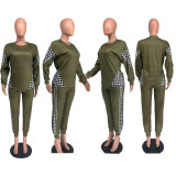 Houndstooth Patchwork Long Sleeve 2 Piece Pants Set AMLF-3001
