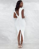 Solid Sexy Backless Zipper Split Bodycon Maxi Dress WY-6825