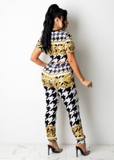 Houndstooth Print Short Sleeve Two Piece Pants Set QZX-6224