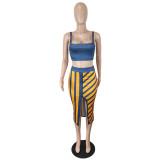 Sexy Crop Top+Split Striped Midi Skirt 2 Piece Sets YIY-5288