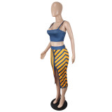 Sexy Crop Top+Split Striped Midi Skirt 2 Piece Sets YIY-5288
