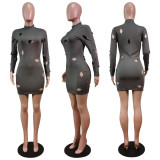 Sexy Solid Hole Long Sleeve Bodycon Mini Dress WY-6834