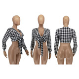 Houndstooth Print Long Sleeve Tie-Up Tops WSM-5267