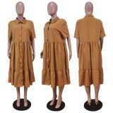 Plus Size Solid High Waist Big Swing Pleated Midi Dress WY-7112